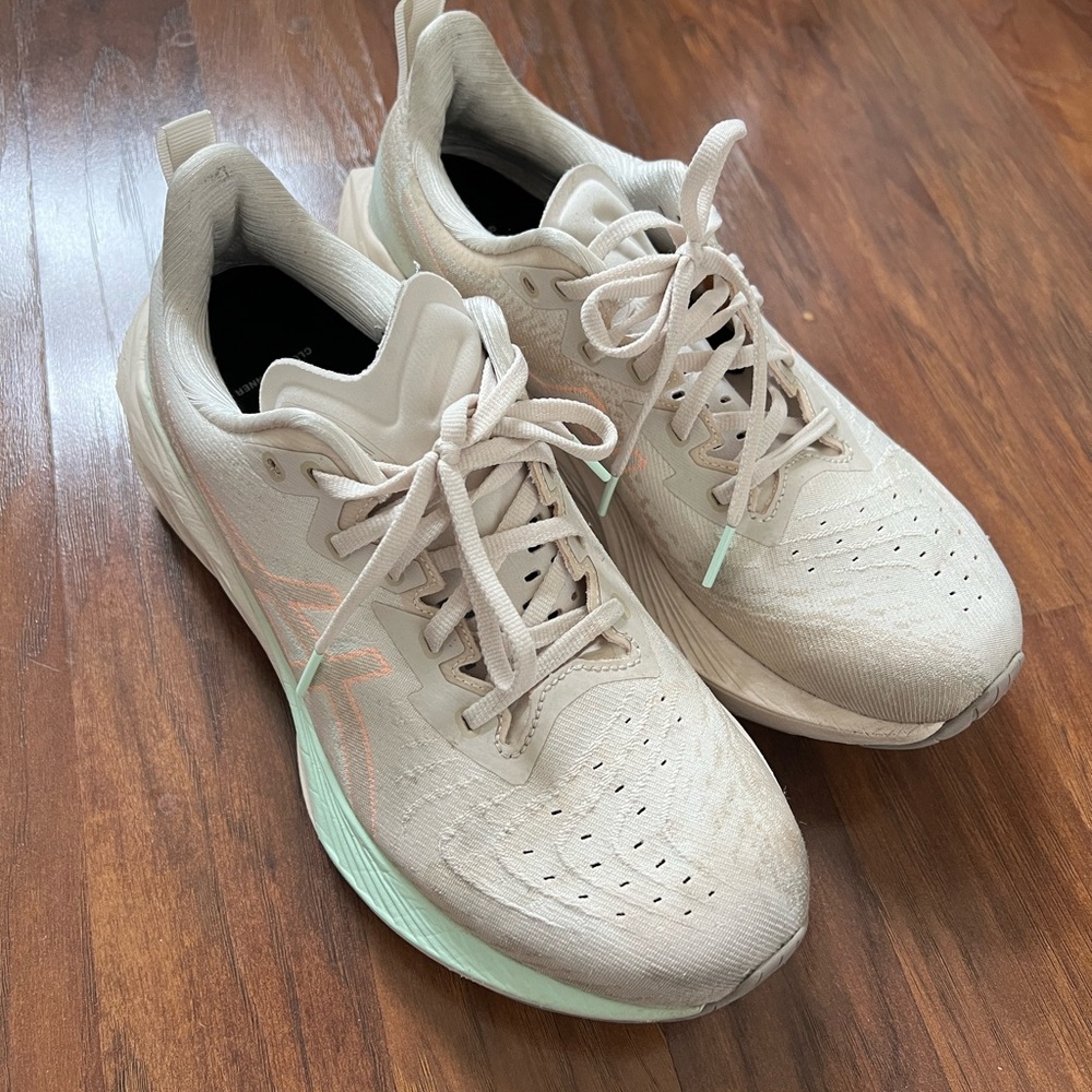 Asics Beige Nova Blast 4 Athletic Running Shoes with Mint Accents
